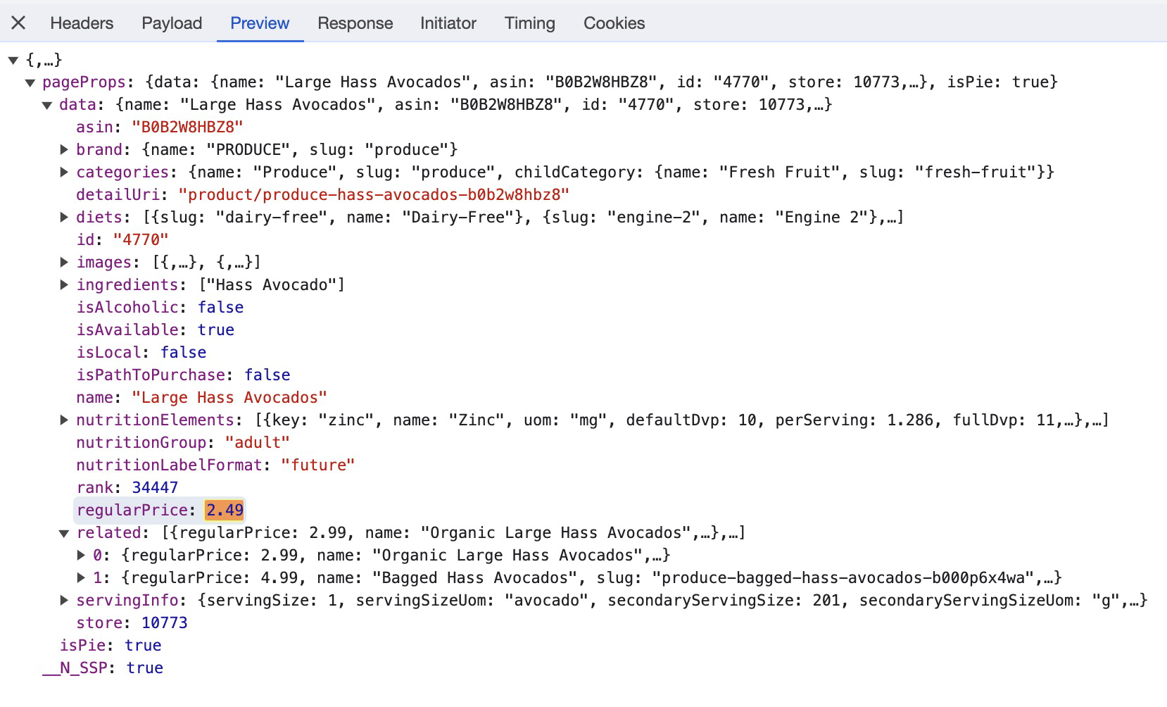 A screenshot from the Inspect Elements Chrome tool, of the preview of the HTTP request response.