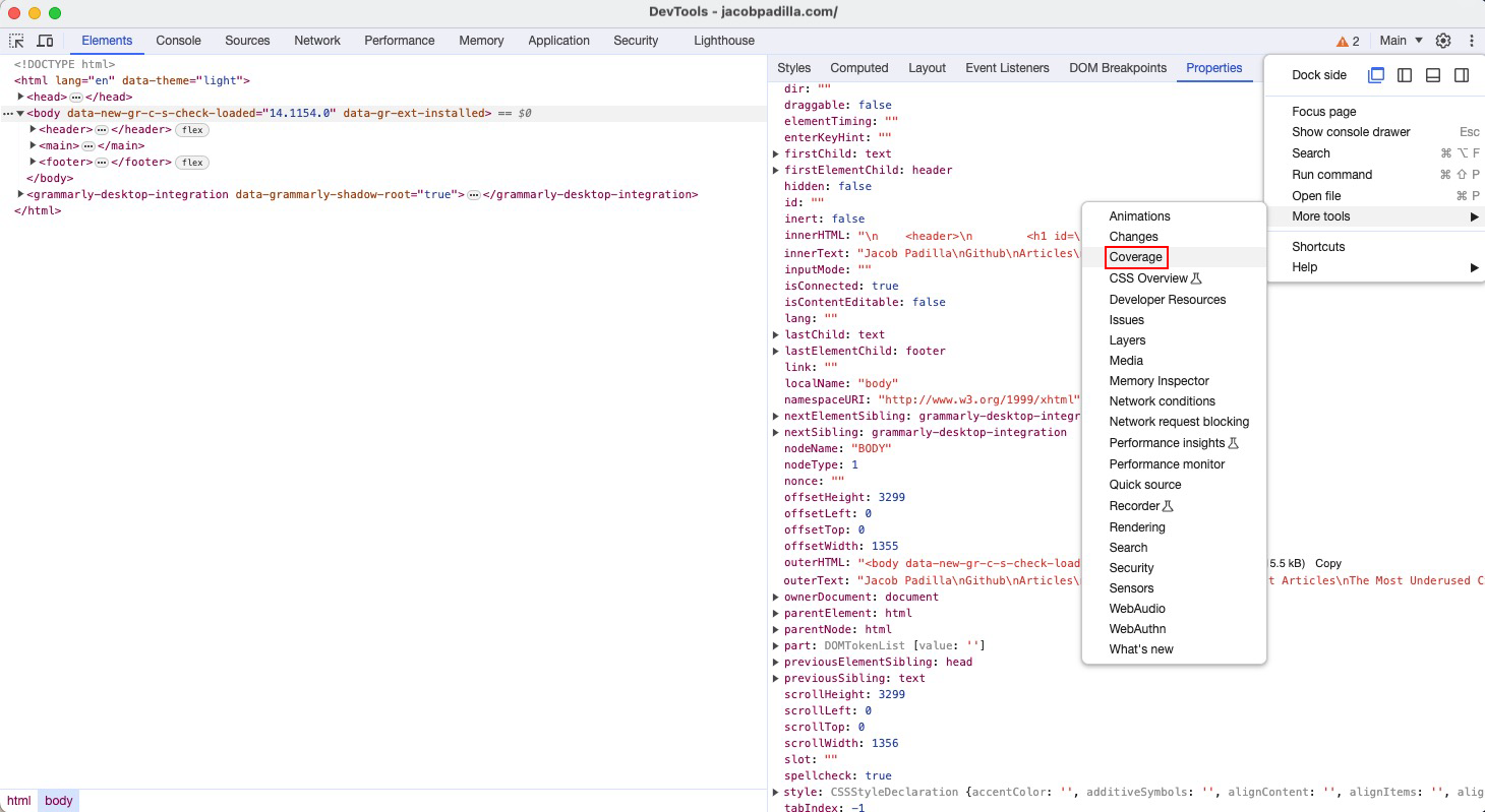 Chrome DevTools example of how to navigate to Code Coverage page.