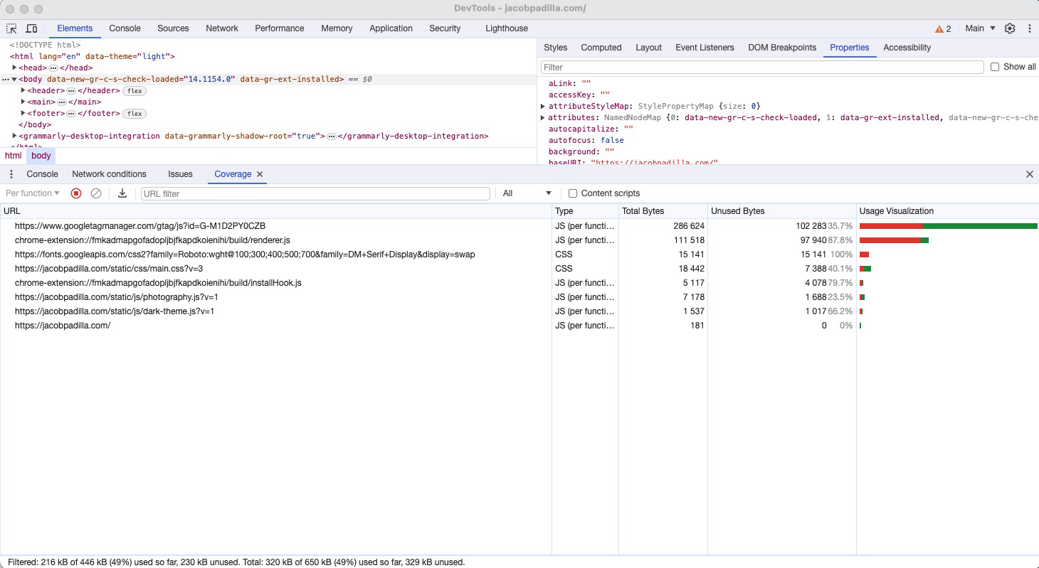 Example of the Code Coverage feature in Chrome DevTools.