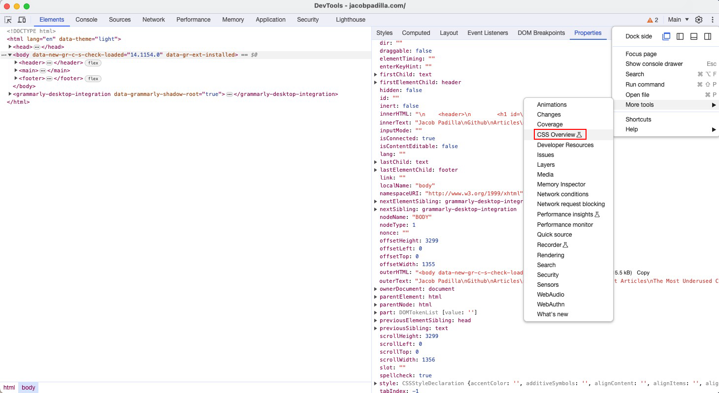 Instructions to navigate to the Css Overview page in Chrome DevTools.
