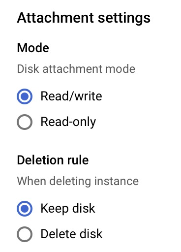 VM extra disk attachment settings