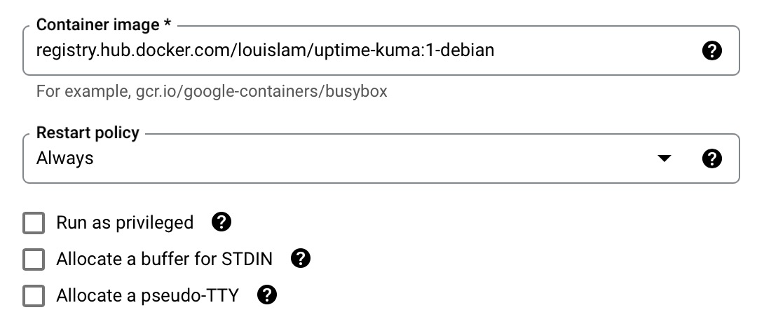 VM container image setting with the Uptime Kuma container image URL