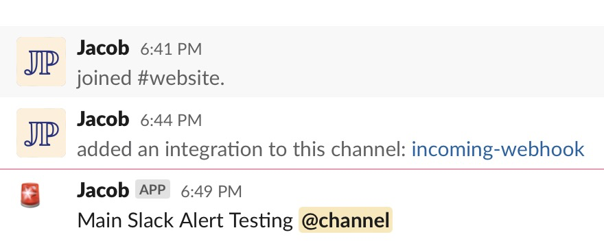Image of Slack messages from test notifications