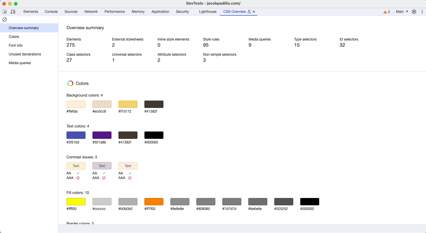 Example of the CSS Overview part of Chrome DevTools.