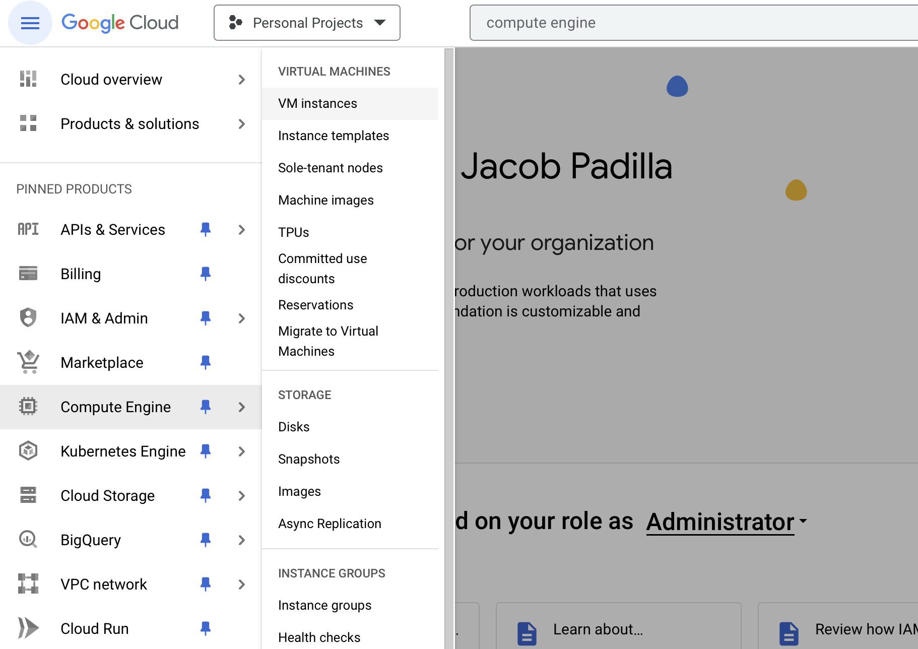 Navigating to VM Instances page