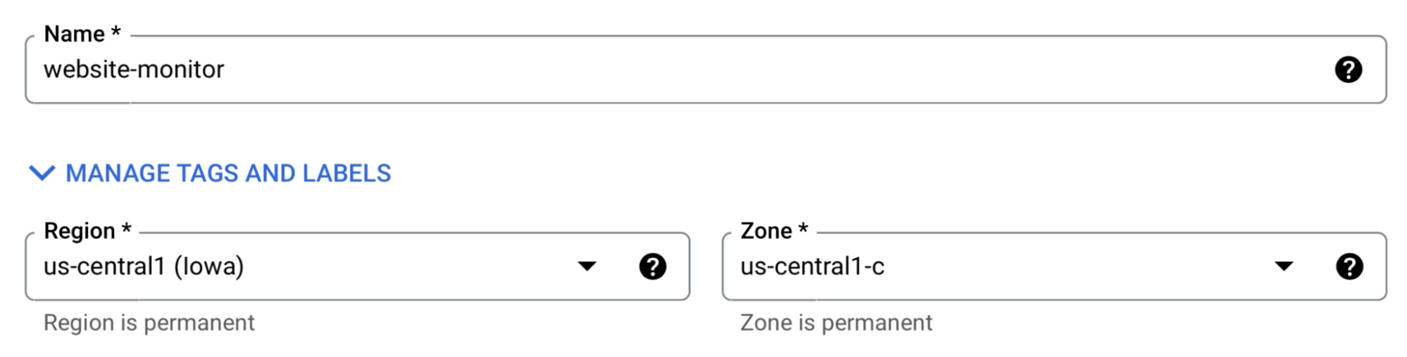 VM name and region settings