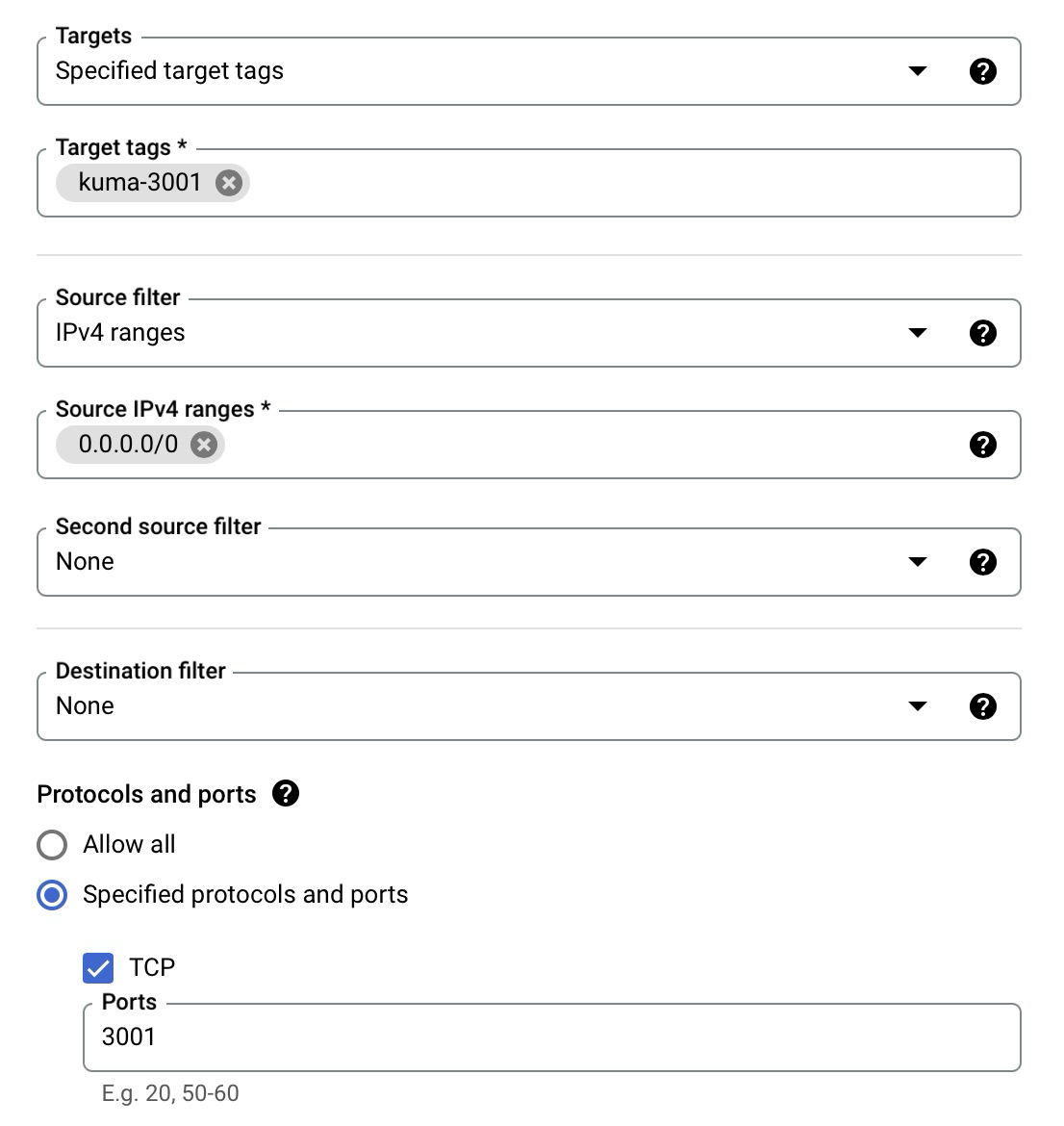 Firewall allow TCP port 3001 rule setting