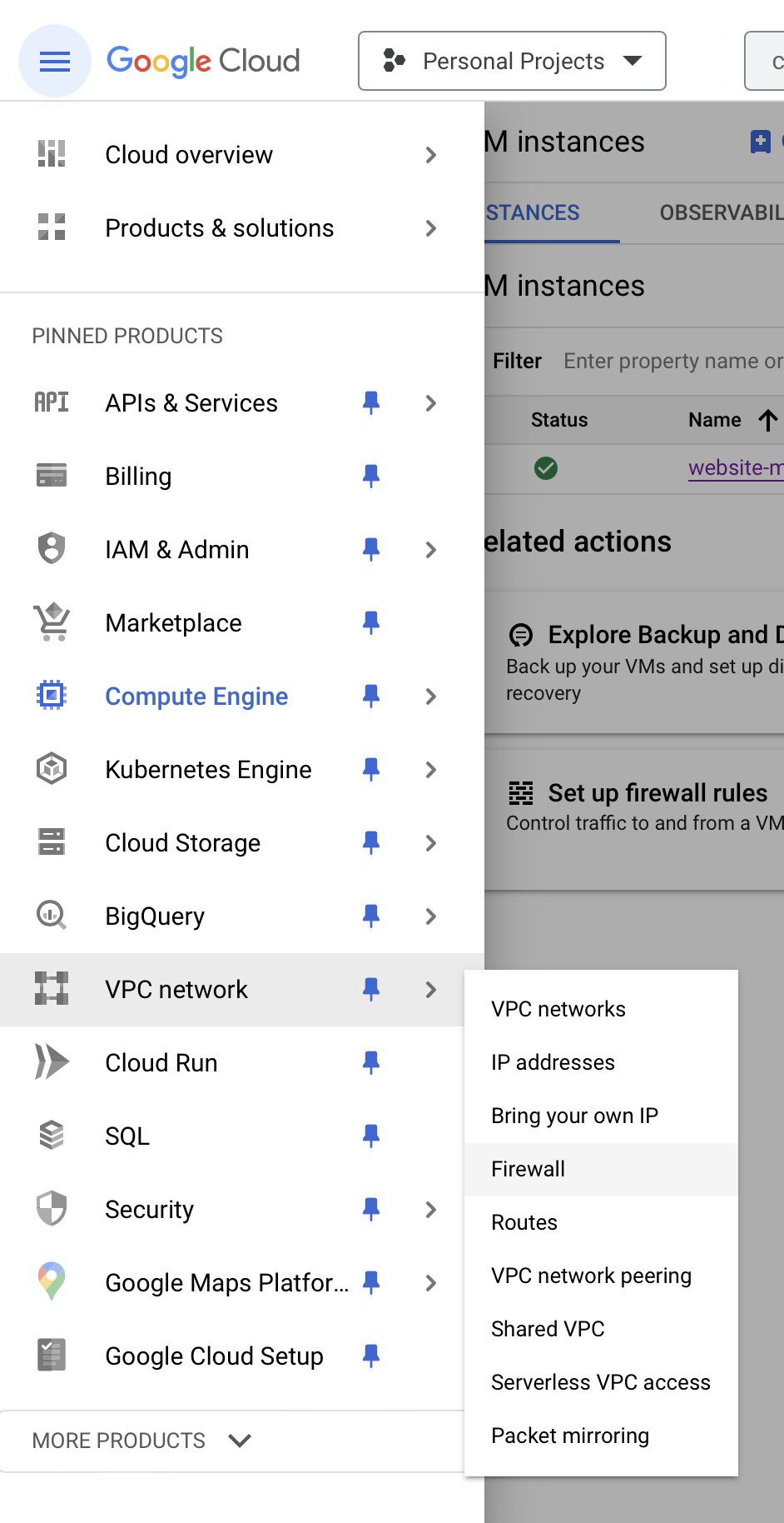 VPC network firewall rule navigation instructions