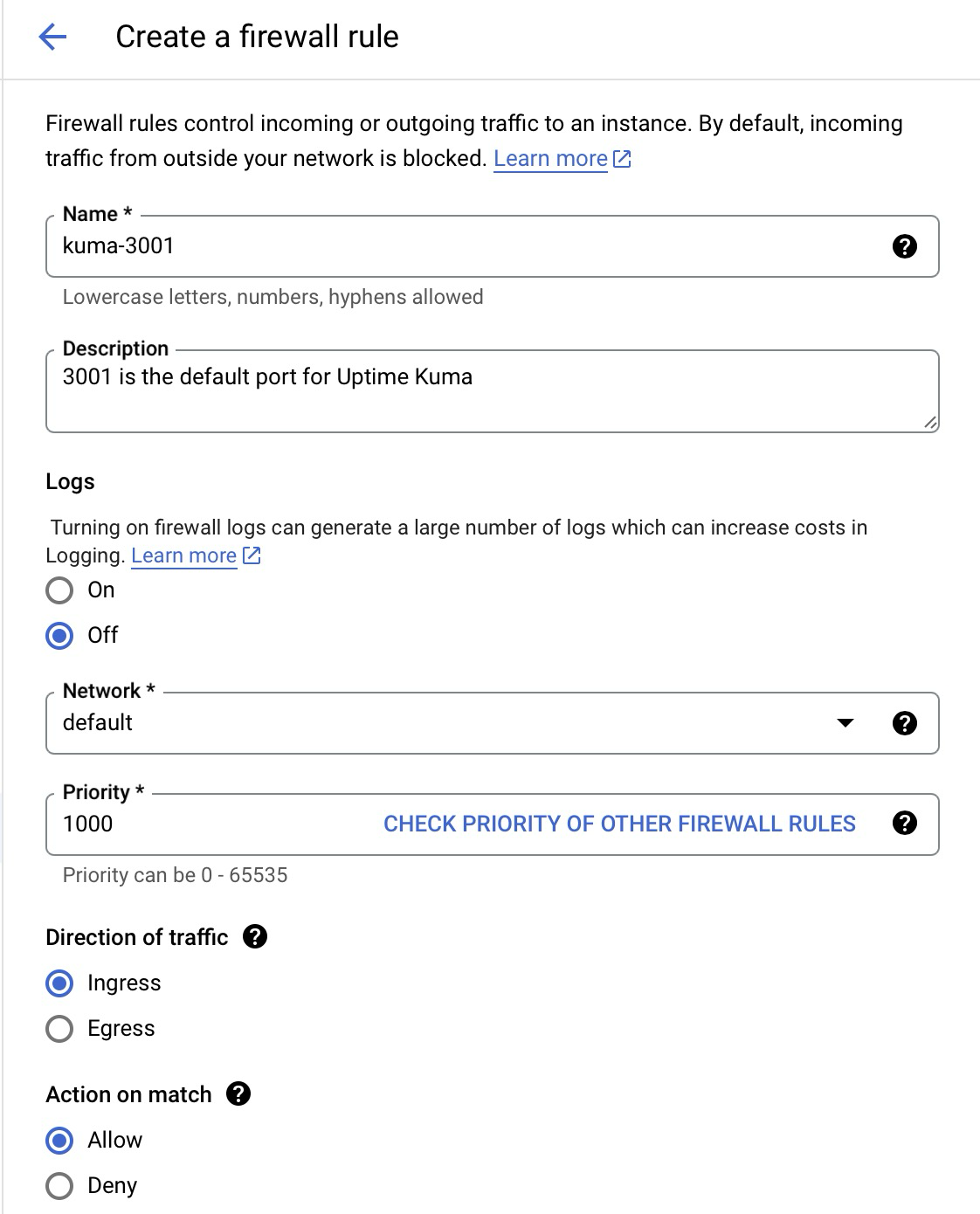 Firewall rule settings